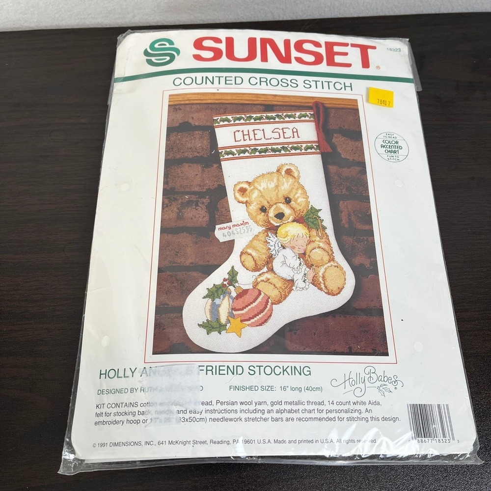 Sunset Counted Cross Stitch Kit Holly Angel & Friend Stocking 18323 Vintage 1991
